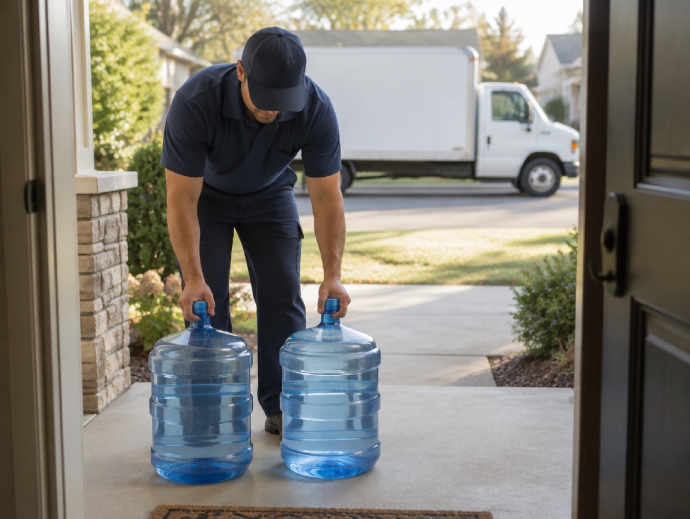 A driver setting bottles down at a front door